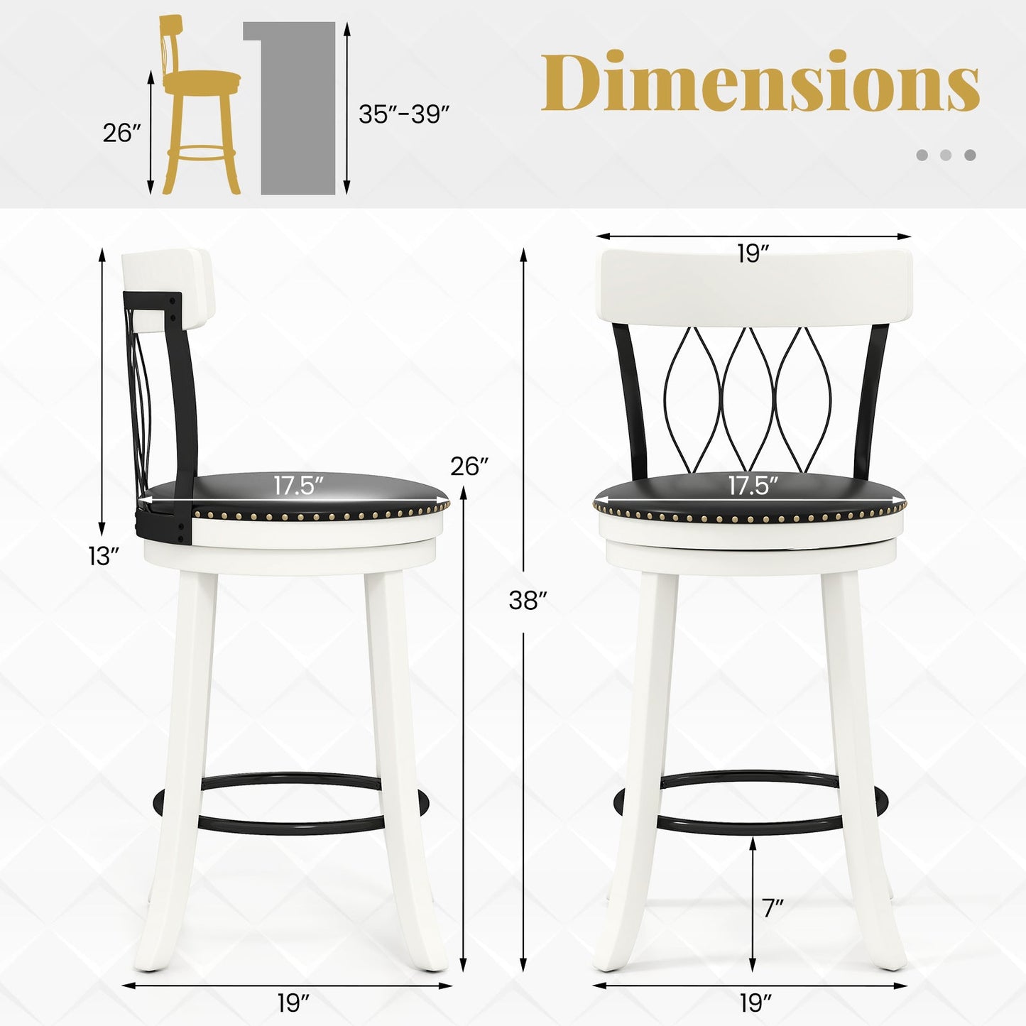 Set of 2 Bar Stools Swivel Bar Chairs with Footrest Rubber Wood Frame and Tufted Rivets