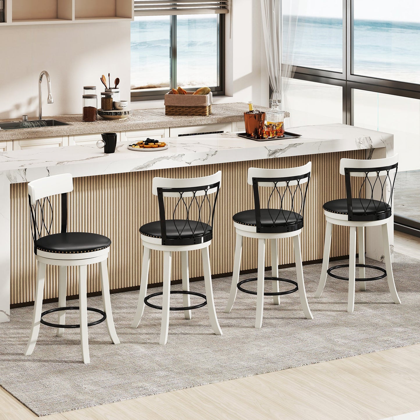 Set of 2 Bar Stools Swivel Bar Chairs with Footrest Rubber Wood Frame and Tufted Rivets