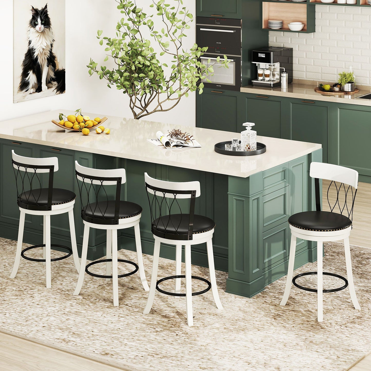 Set of 2 Bar Stools Swivel Bar Chairs with Footrest Rubber Wood Frame and Tufted Rivets