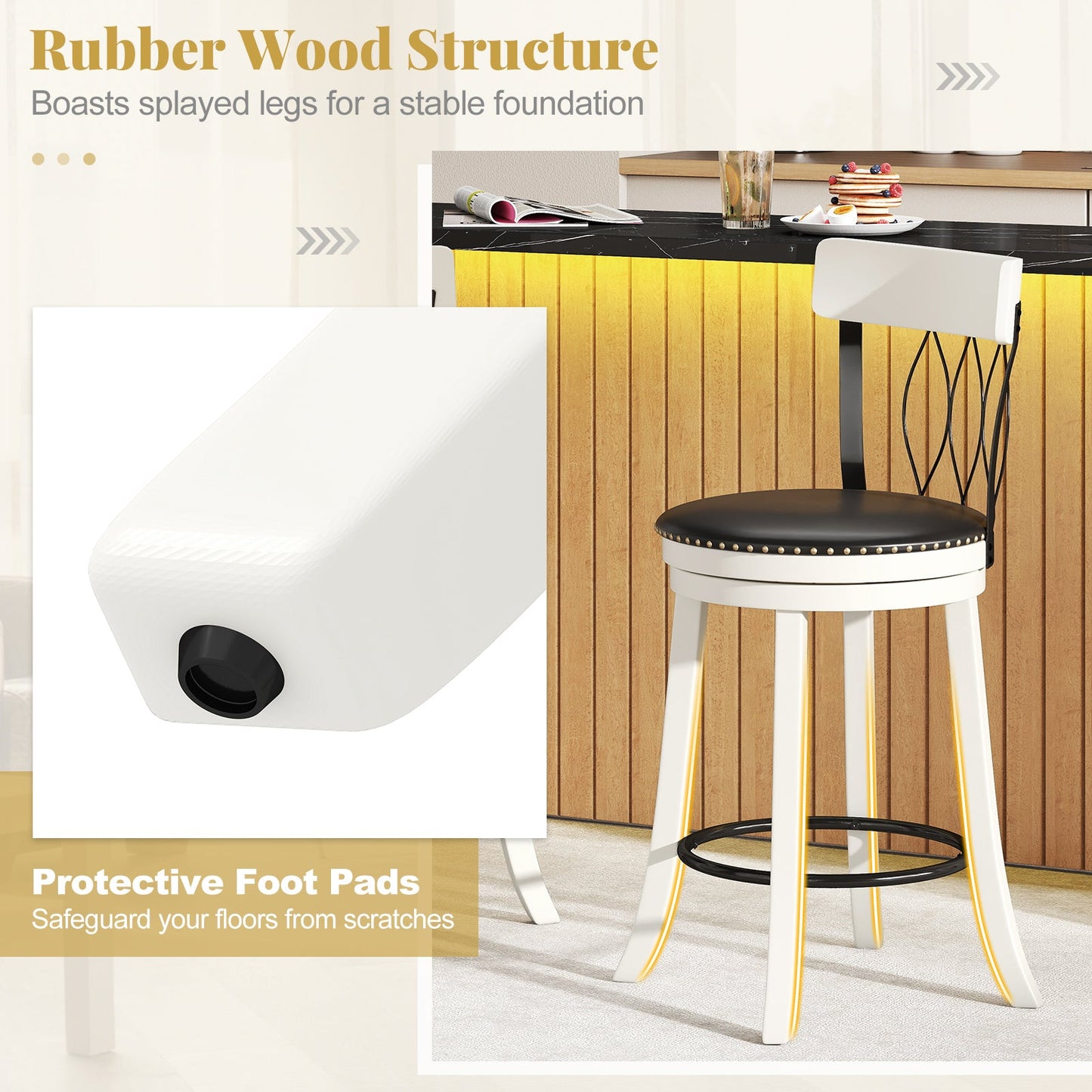 Set of 2 Bar Stools Swivel Bar Chairs with Footrest Rubber Wood Frame and Tufted Rivets
