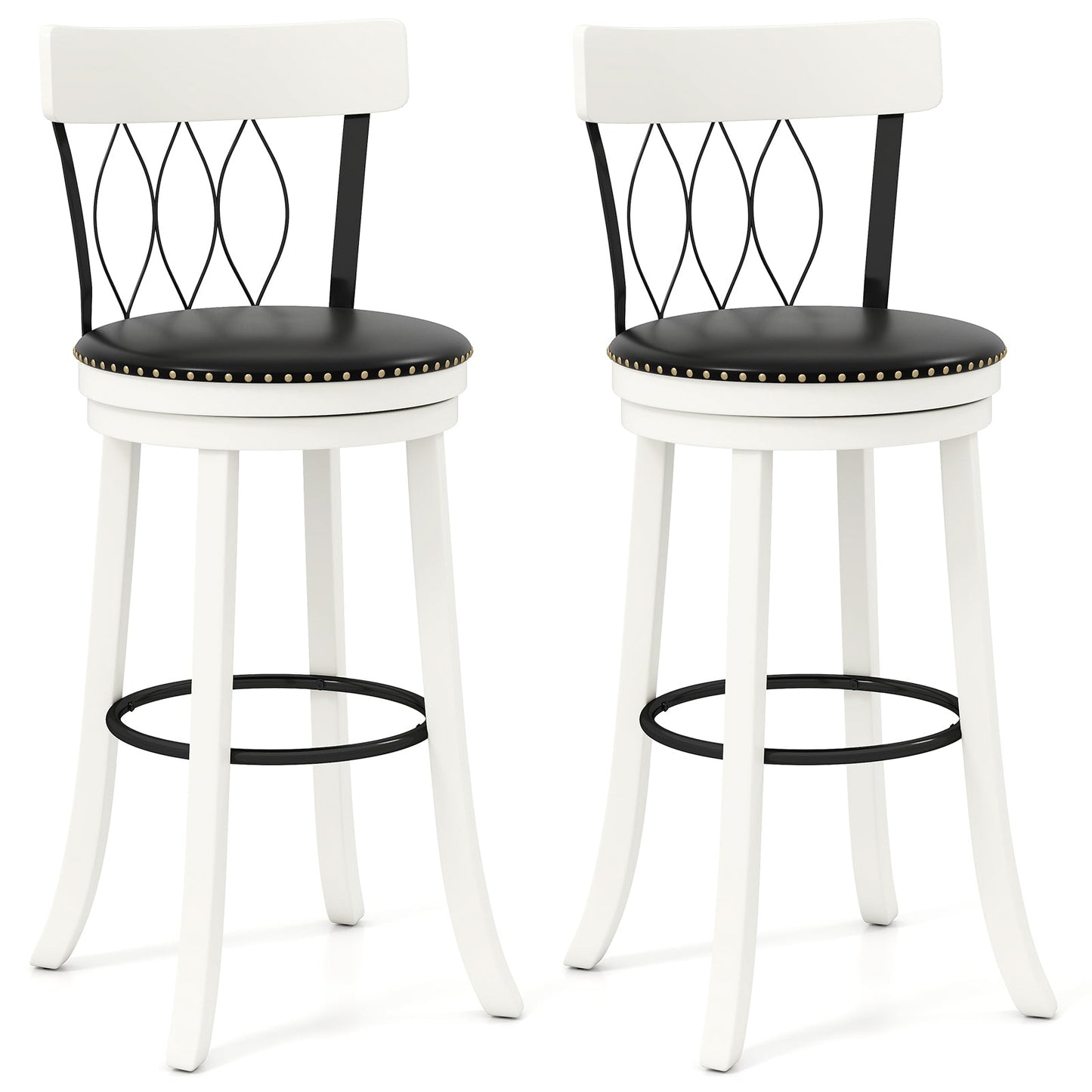 Set of 2 Bar Stools Swivel Bar Chairs with Footrest Rubber Wood Frame and Tufted Rivets