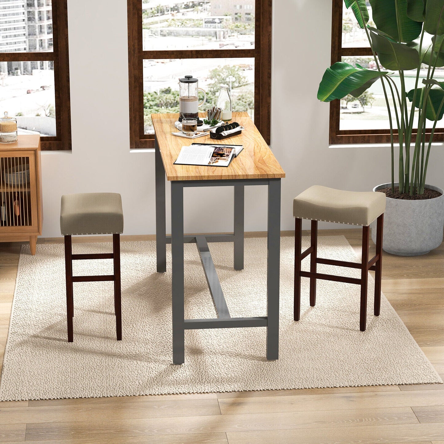 29 Inch Set of 2 Height Upholstered Bar Stool with Solid Rubber Wood Legs and Footrest-Gray