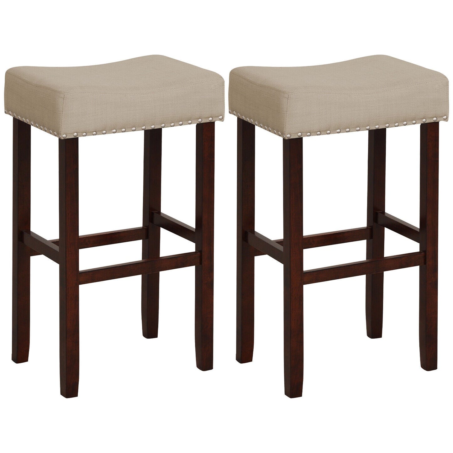 29 Inch Set of 2 Height Upholstered Bar Stool with Solid Rubber Wood Legs and Footrest-Gray