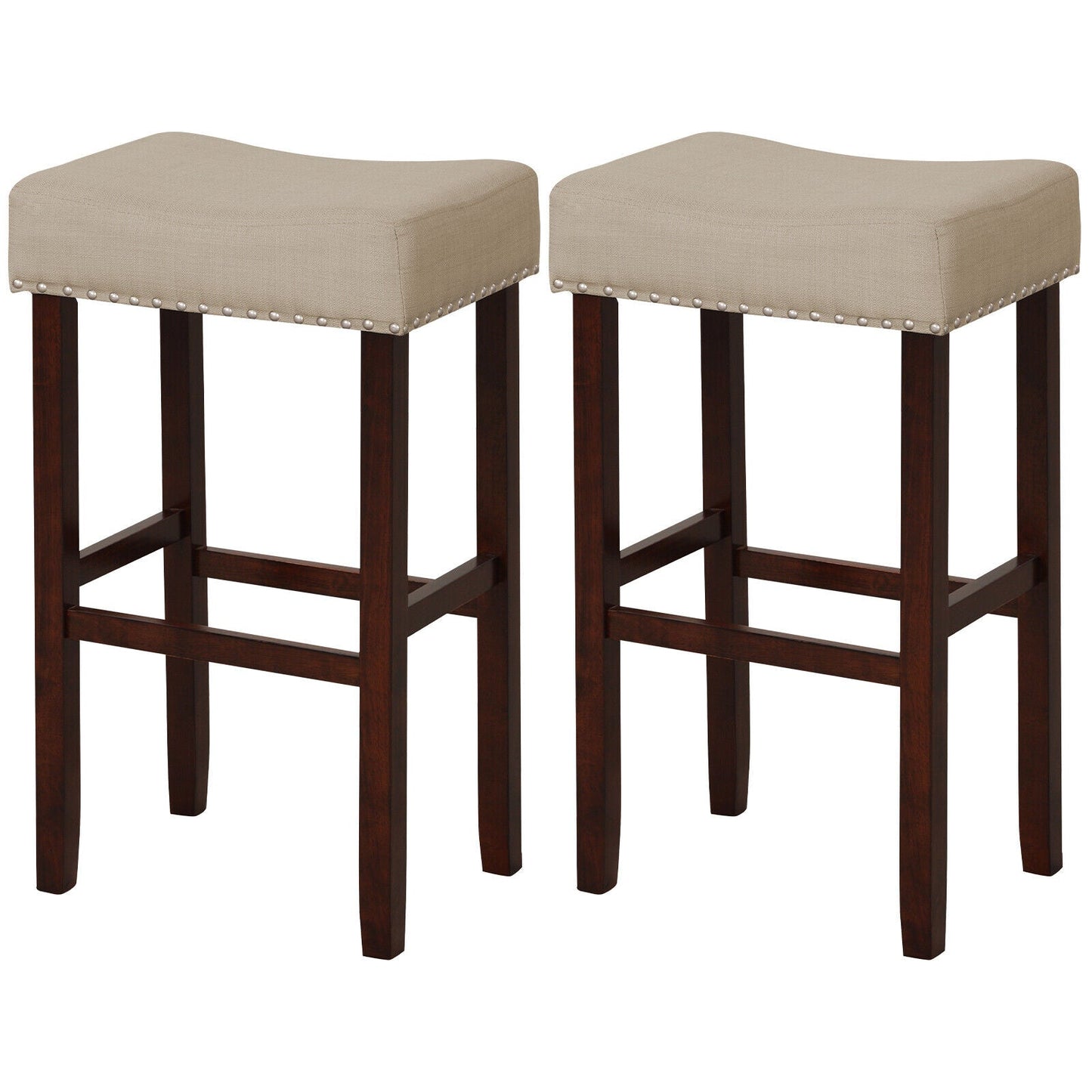 29 Inch Set of 2 Height Upholstered Bar Stool with Solid Rubber Wood Legs and Footrest-Gray