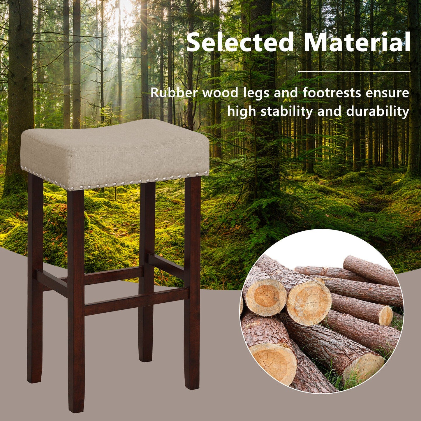 29 Inch Set of 2 Height Upholstered Bar Stool with Solid Rubber Wood Legs and Footrest-Gray