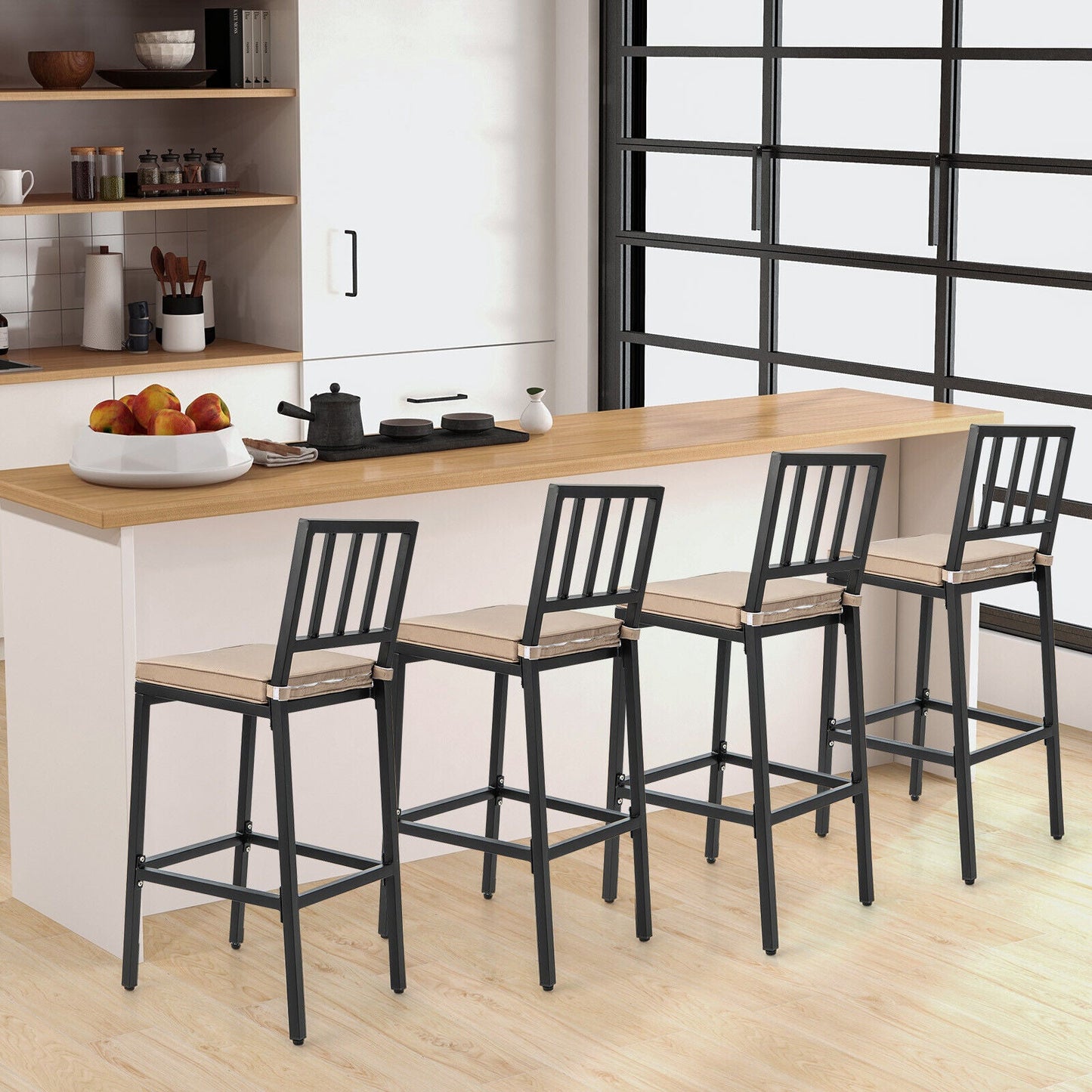 Set of 2 Patio Bar Chairs with Detachable Cushion and Footrest-Vertical Stripes