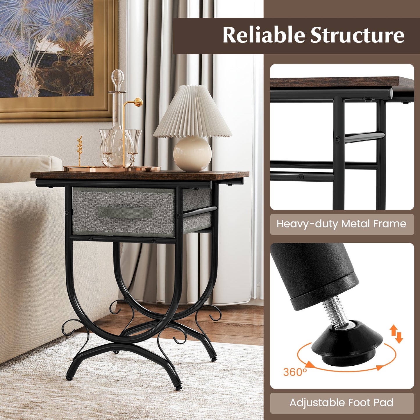 Side Table with Fabric Drawer and Carved Metal Frame for Living Room