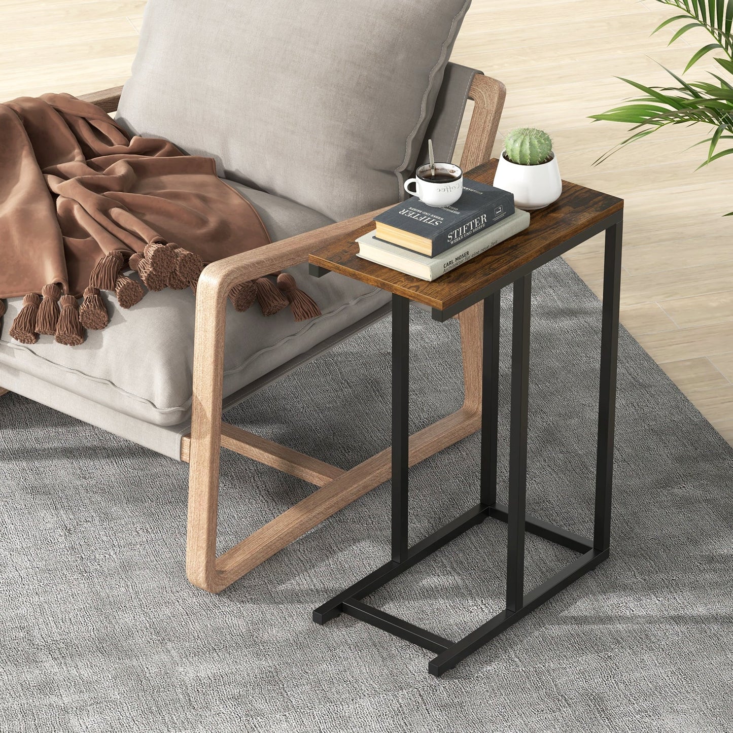 C-shaped Side Table with Heavy-duty Metal Frame