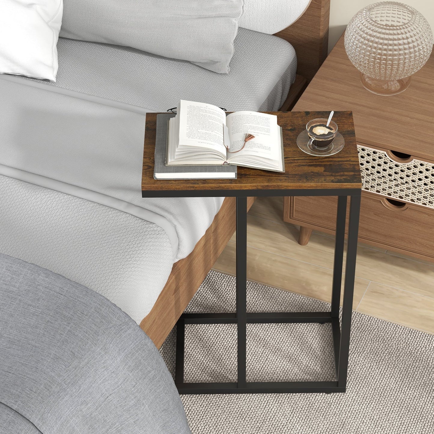 C-shaped Side Table with Heavy-duty Metal Frame