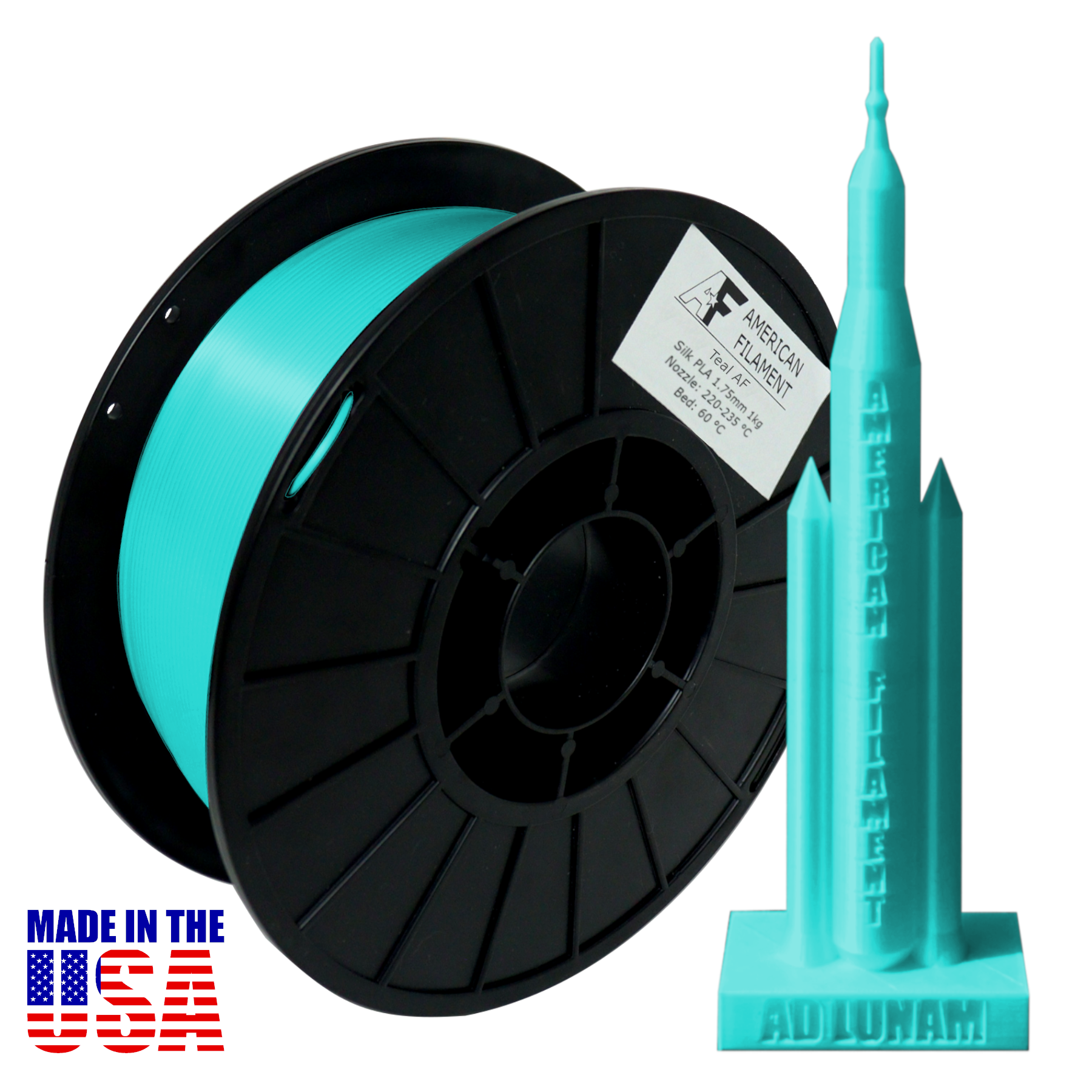 Filament pour imprimante 3D Teal AF Silk PLA, diamètre 1,75 mm, bobine de 1 kg