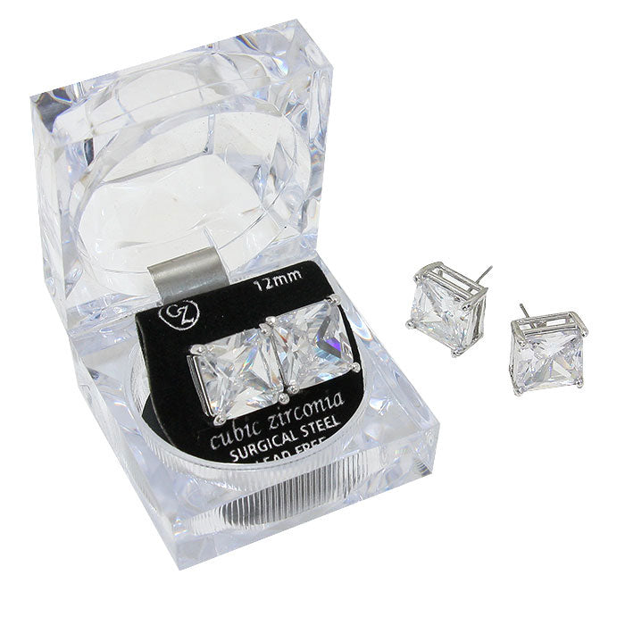 Women's 12mm Square Crystal Cubic Zirconia Stud Earrings in Clear Gift Box - Ready to
