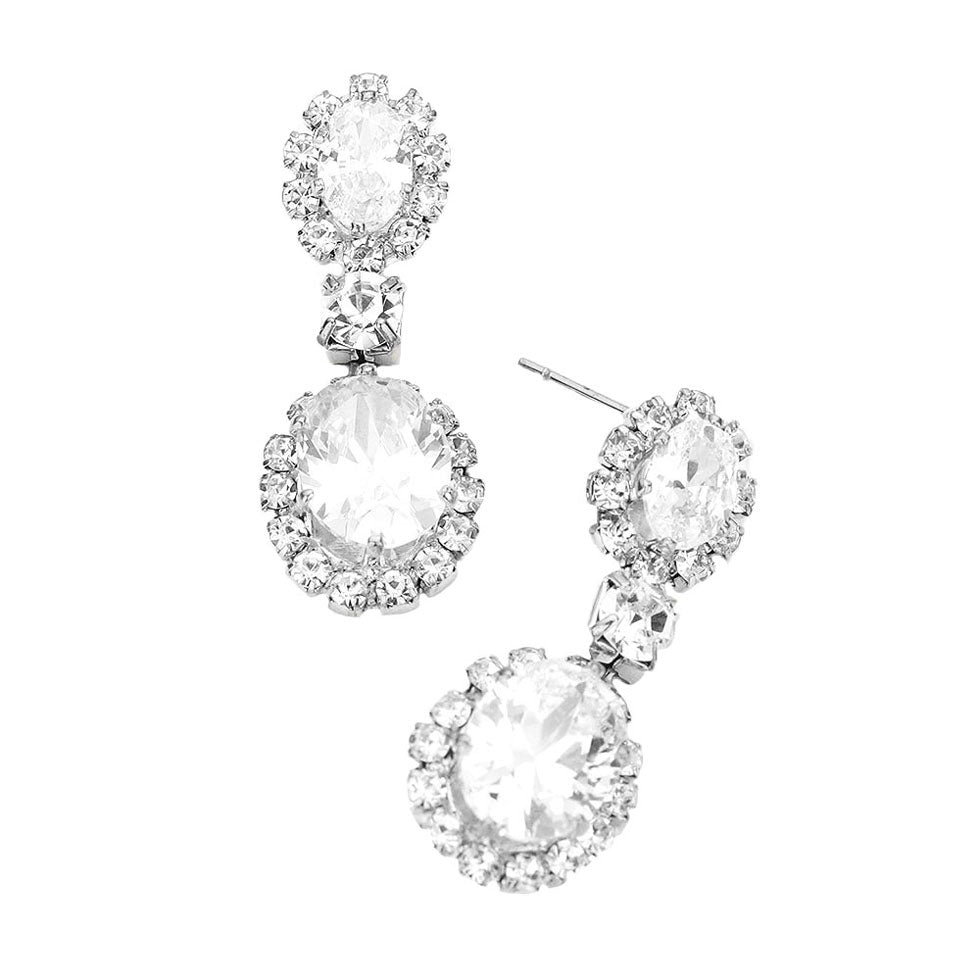 CZ Double Oval Accented Dangle Evening Earrings