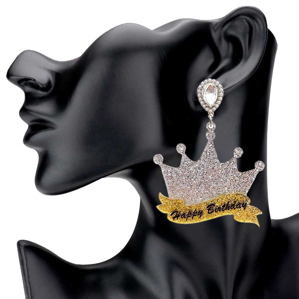 Happy Birthday Glittered Resin Crown Dangle Earrings