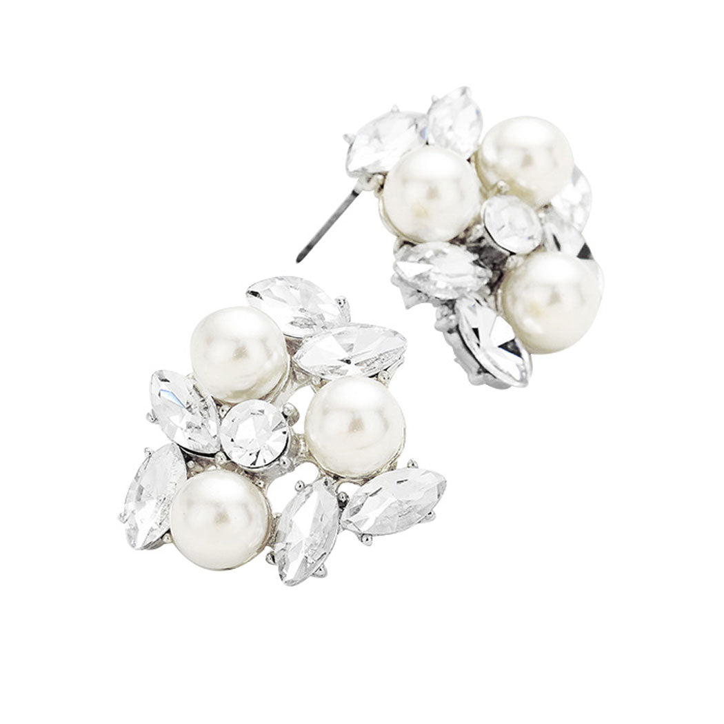 Pearl Oval Glass Crystal Cluster Earrings
