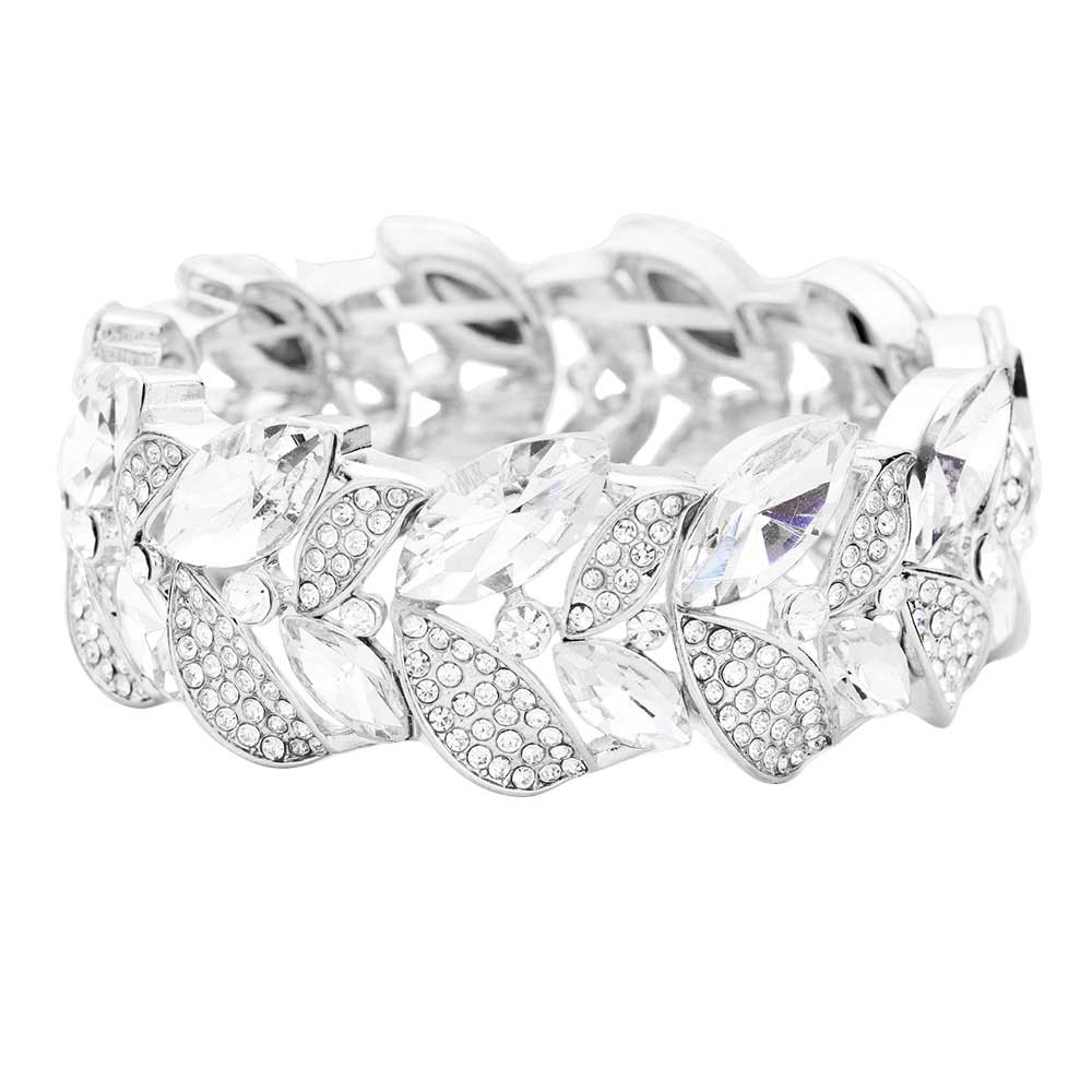 Rhinestone Pave Marquise Stone Leaf Stretch Evening Bracelet