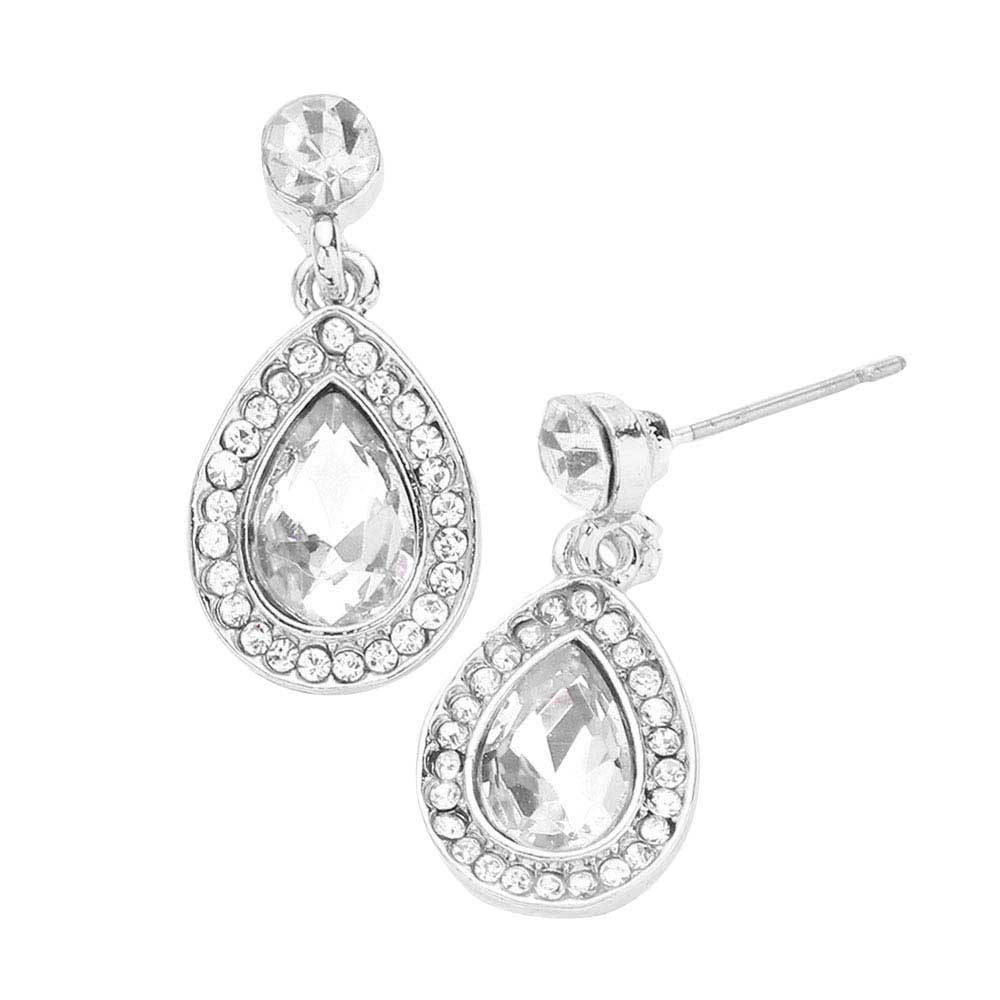 Rhinestone Trim Teardrop Stone Dangle Evening Earrings