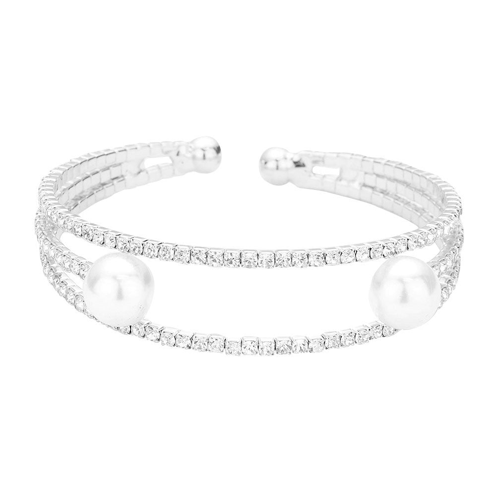 Trendy Pearl Accented Split Rhinestone Cuff Evening Bracelet