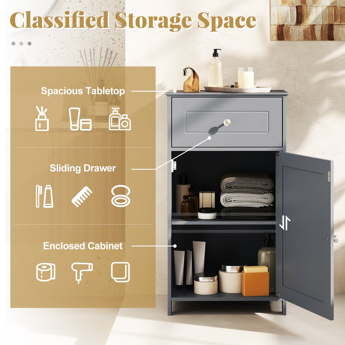 Single Door Bathroom Cabinet with Adjustable Shelf and Drawer