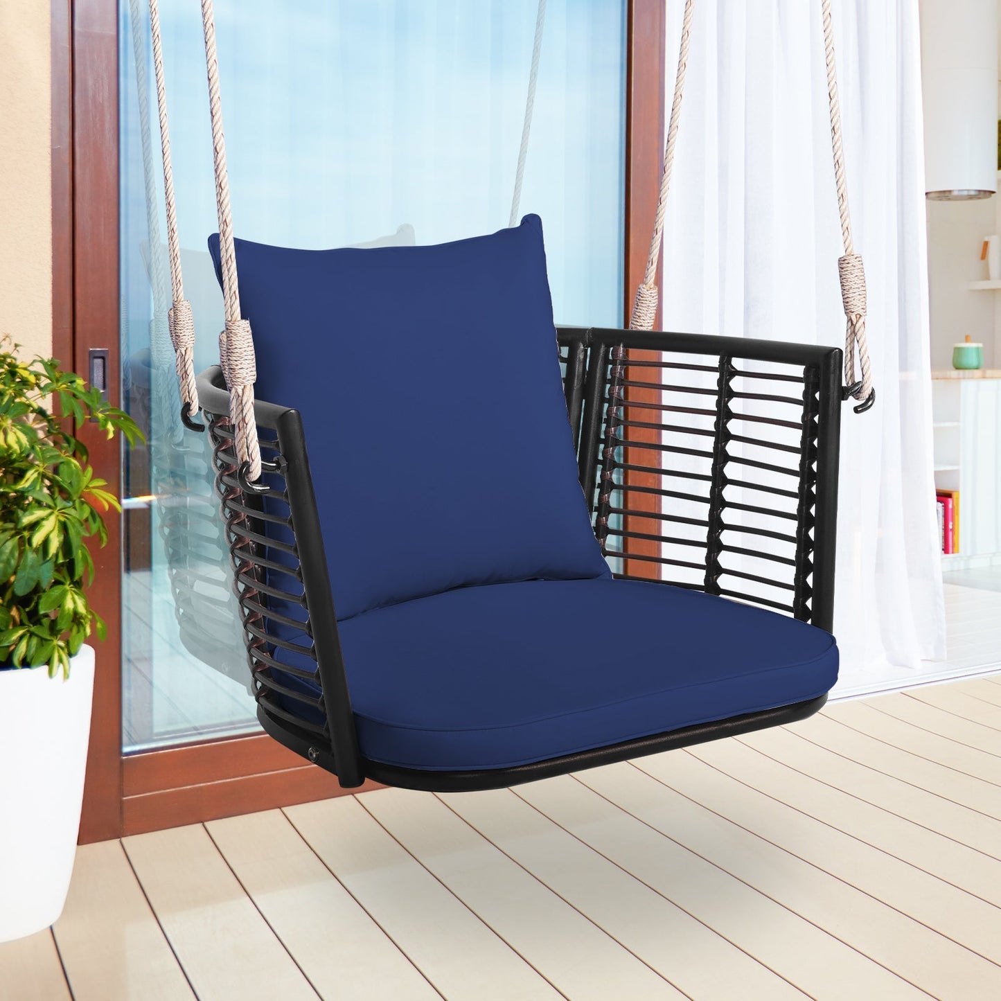 Single Person Hanging Seat with Woven Rattan Backrest for Backyard