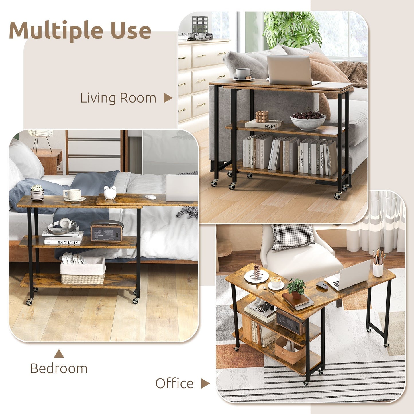 360° Rotating Sofa Side Table with 2-Tier Storage Shelves