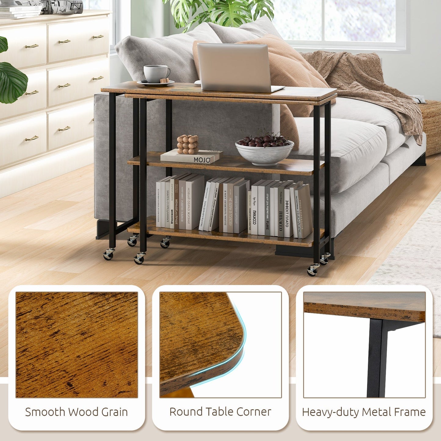 360° Rotating Sofa Side Table with 2-Tier Storage Shelves
