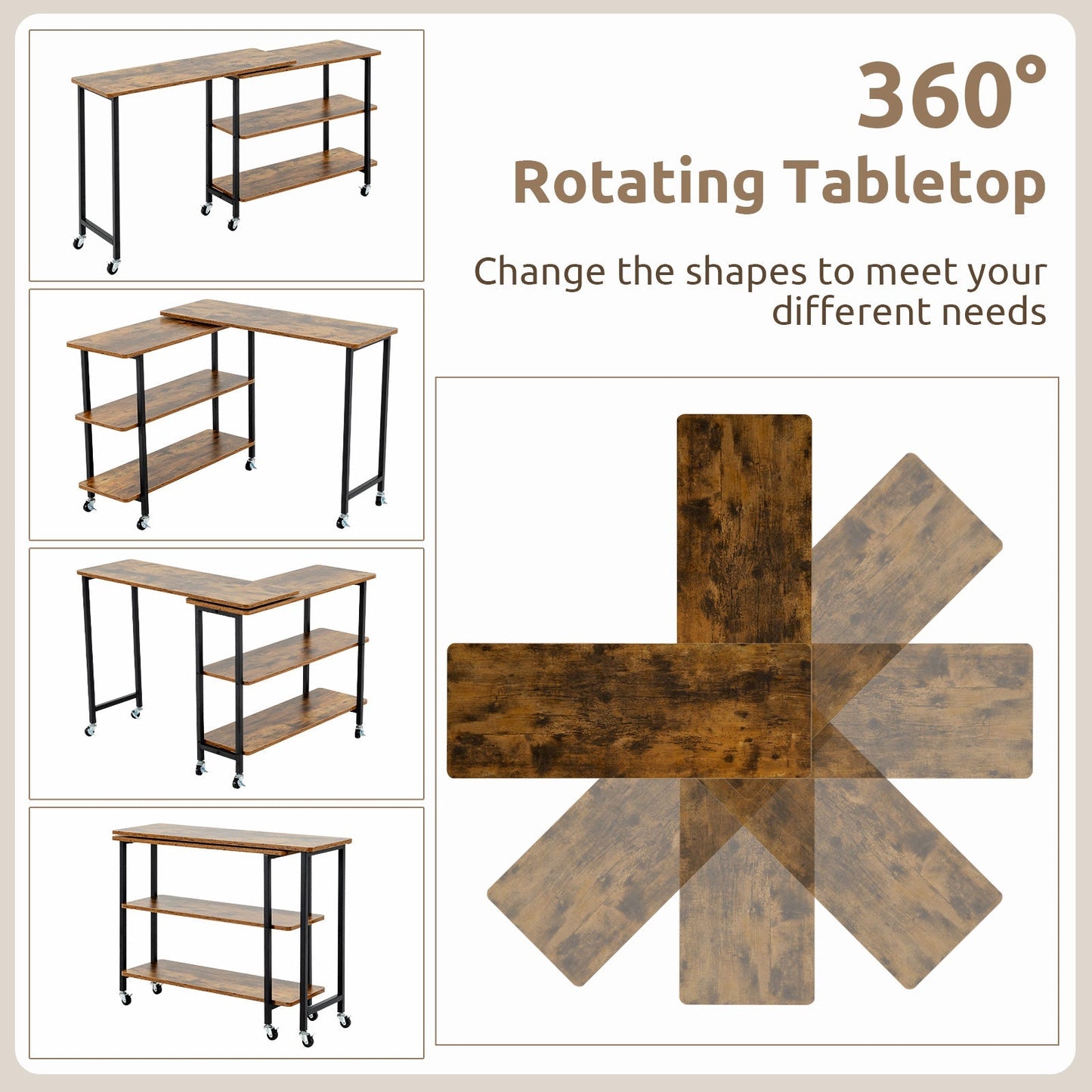 360° Rotating Sofa Side Table with 2-Tier Storage Shelves