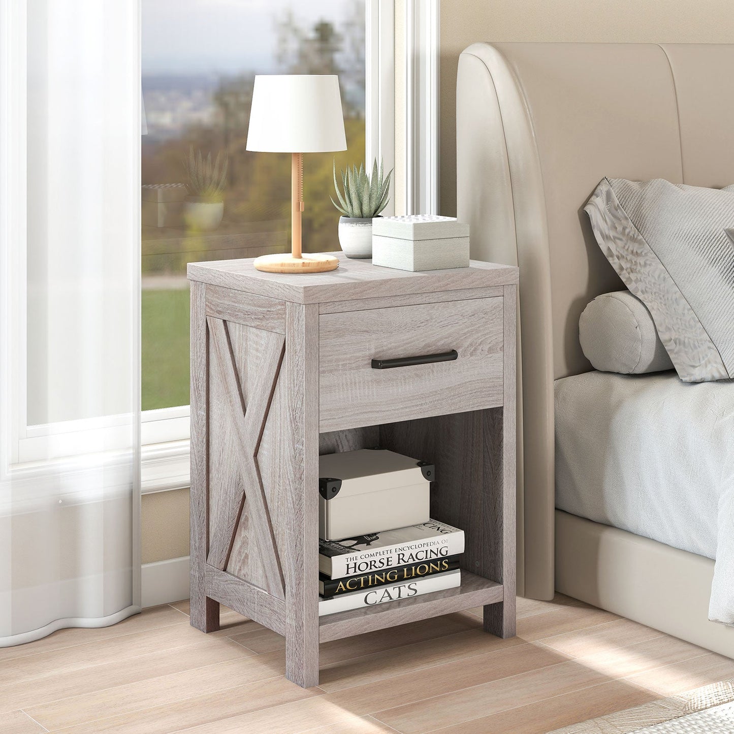 Nightstand with Drawer and Shelf-Antique Brush White