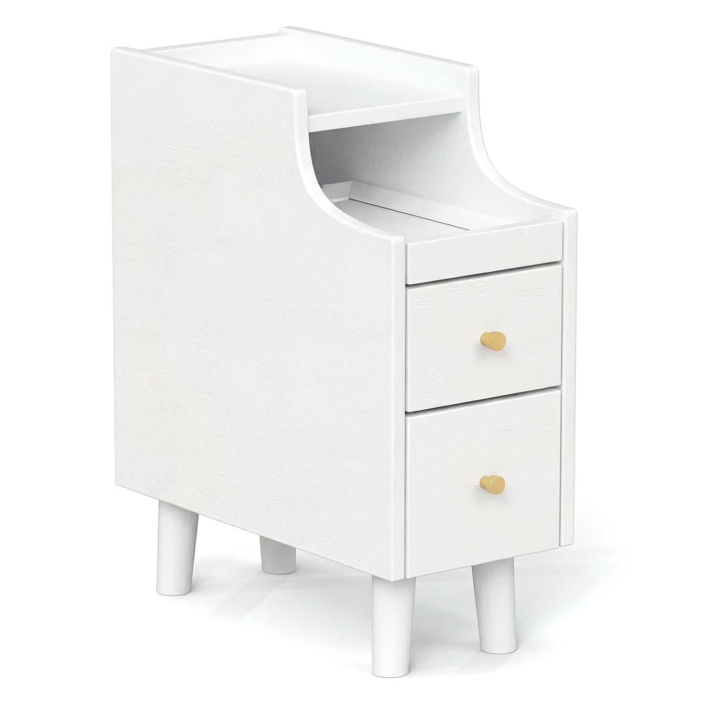 Solid Wood End Table Narrow Bedside Table with Pull-out Tray and 2 Storage Drawers-Brown