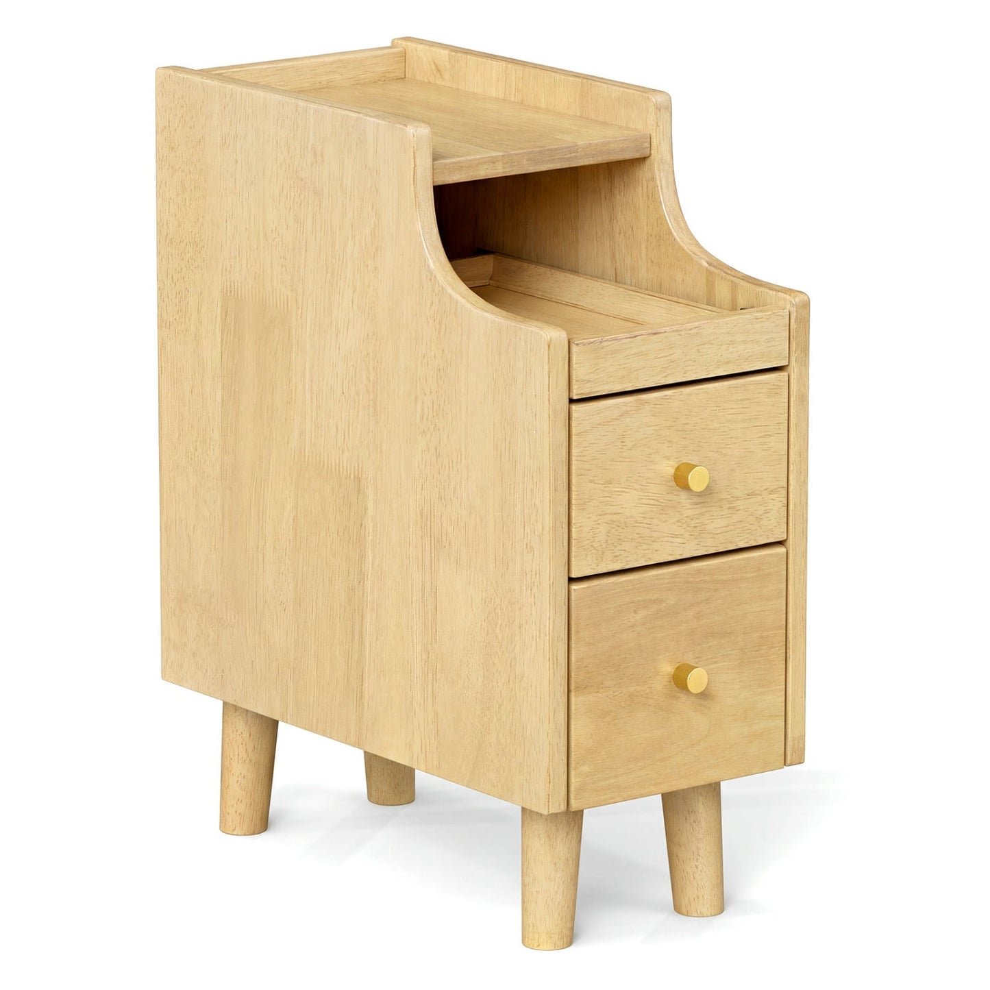 Solid Wood End Table Narrow Bedside Table with Pull-out Tray and 2 Storage Drawers-Brown