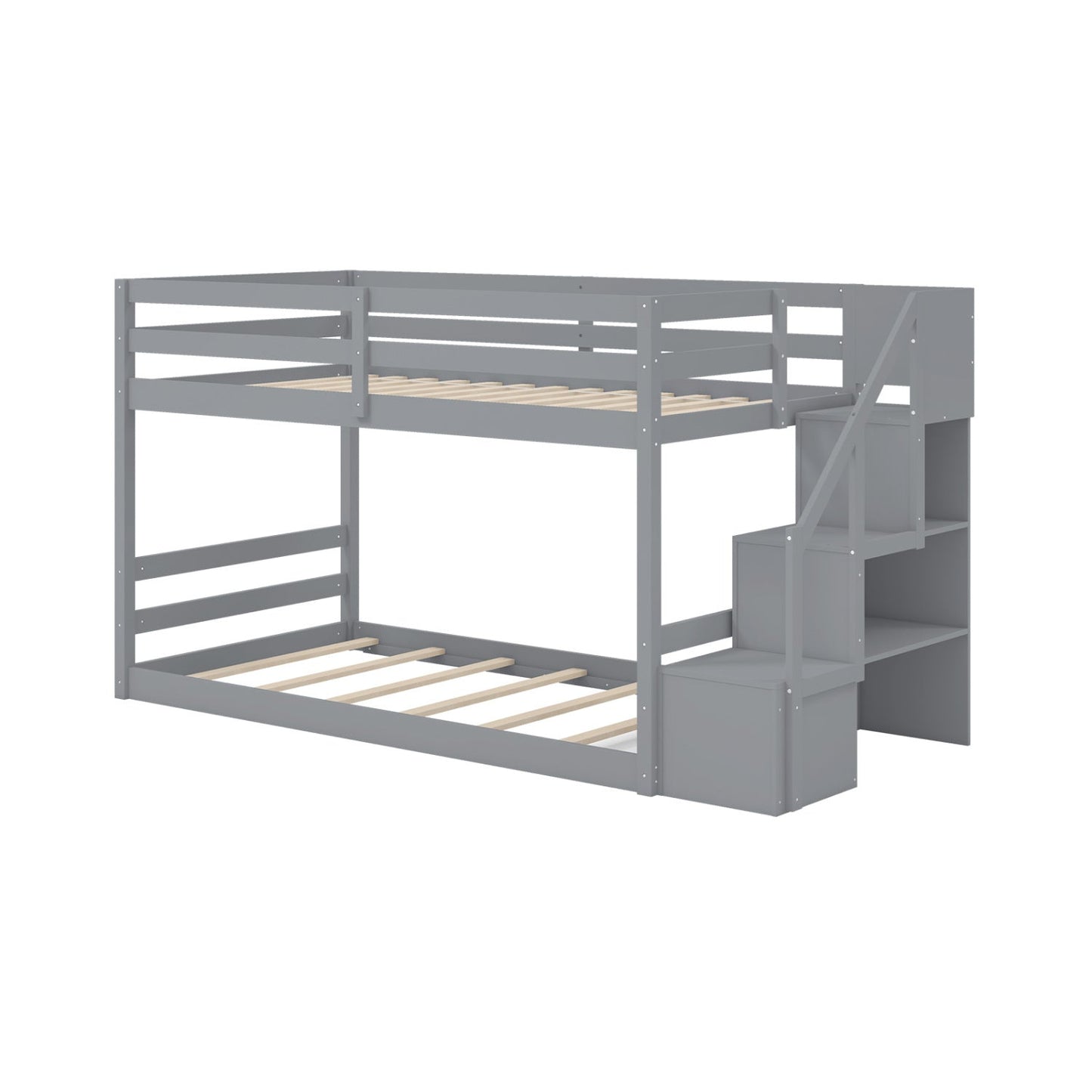 Solid Wood Twin Over Full Low Bunk Bed with Storage Stairs