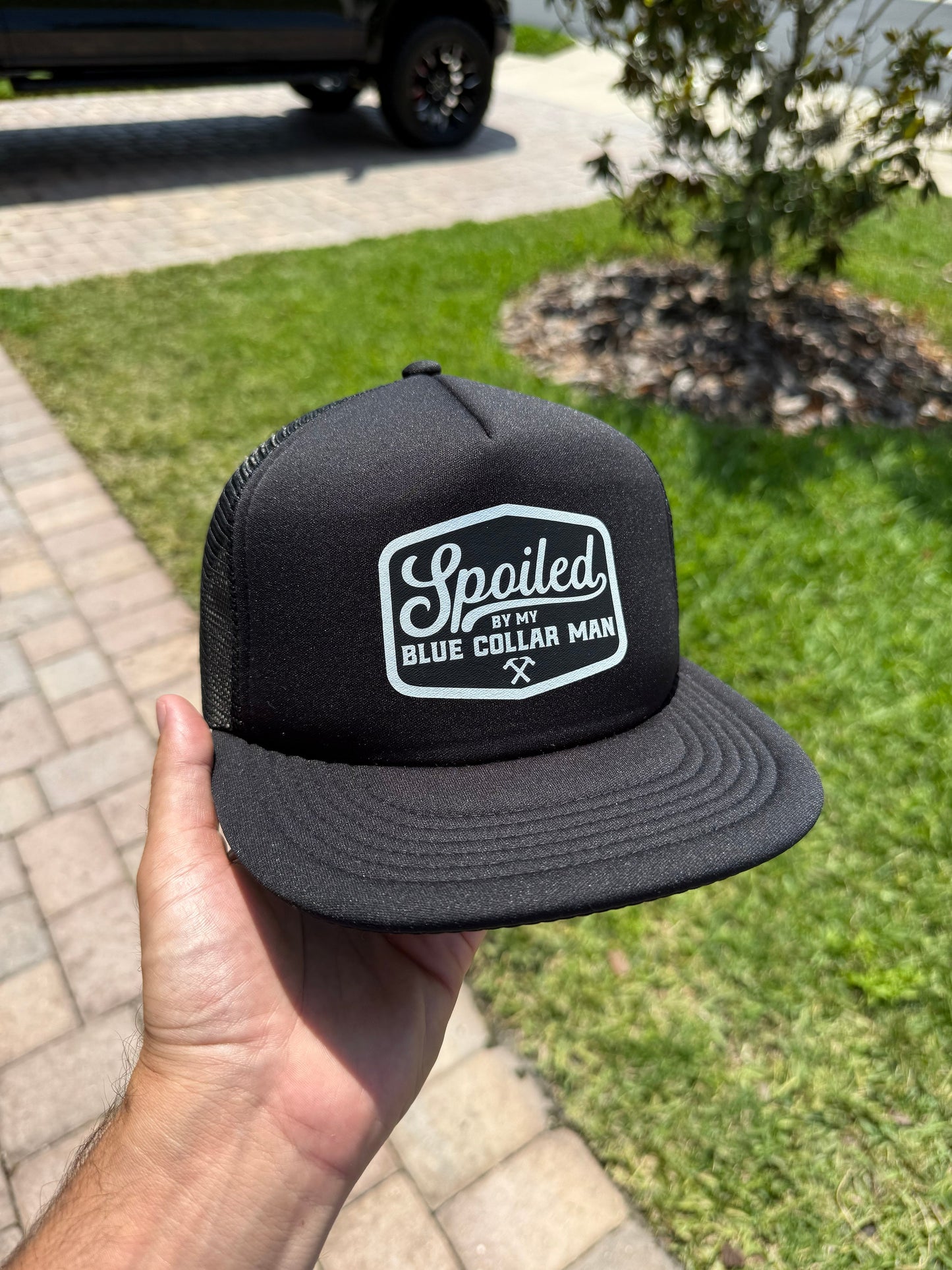 Spoiled By My Blue Collar Man Trucker Hat