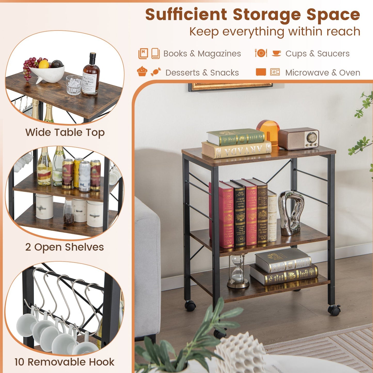 3-Tier Kitchen Baker's Rack Microwave Oven Storage Cart with Hooks