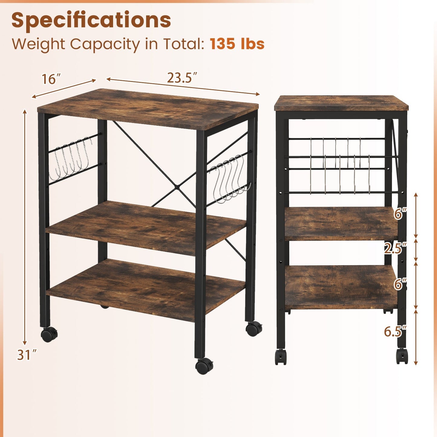 3-Tier Kitchen Baker's Rack Microwave Oven Storage Cart with Hooks