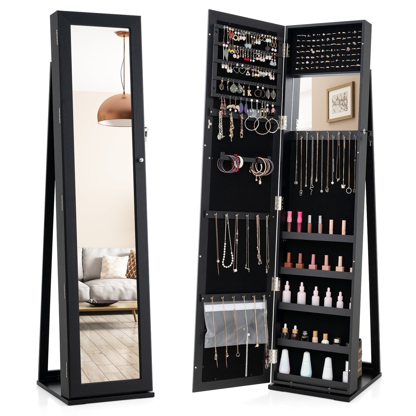 Standing Lockable Jewelry Storage Organizer with Full-Length Mirror