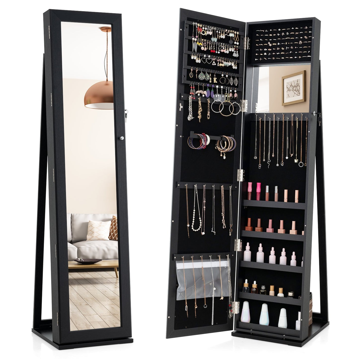 Standing Lockable Jewelry Storage Organizer with Full-Length Mirror