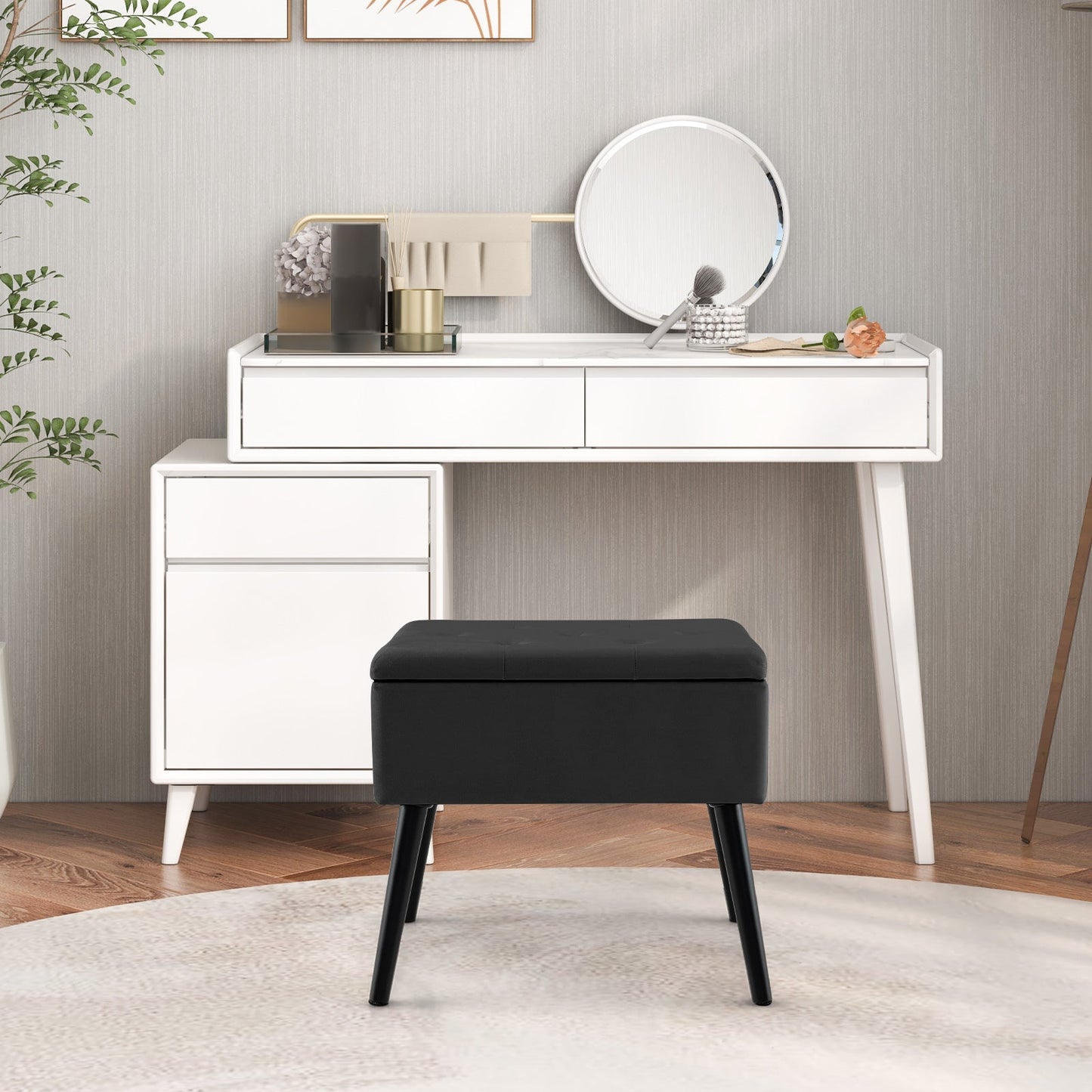 Velvet Storage Ottoman with Solid Wood Legs for Living Room Bedroom