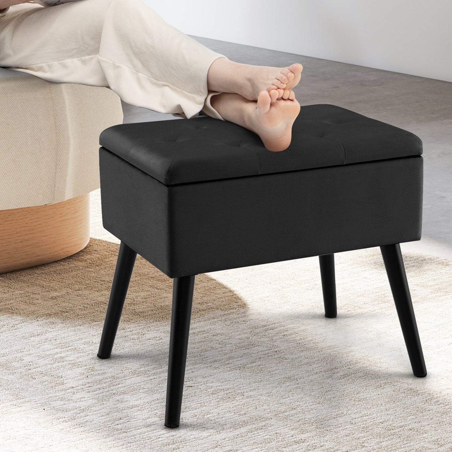Velvet Storage Ottoman with Solid Wood Legs for Living Room Bedroom