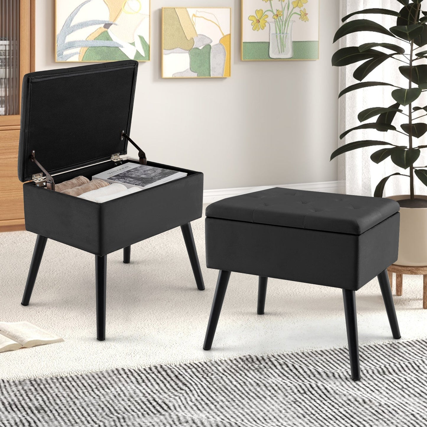 Velvet Storage Ottoman with Solid Wood Legs for Living Room Bedroom