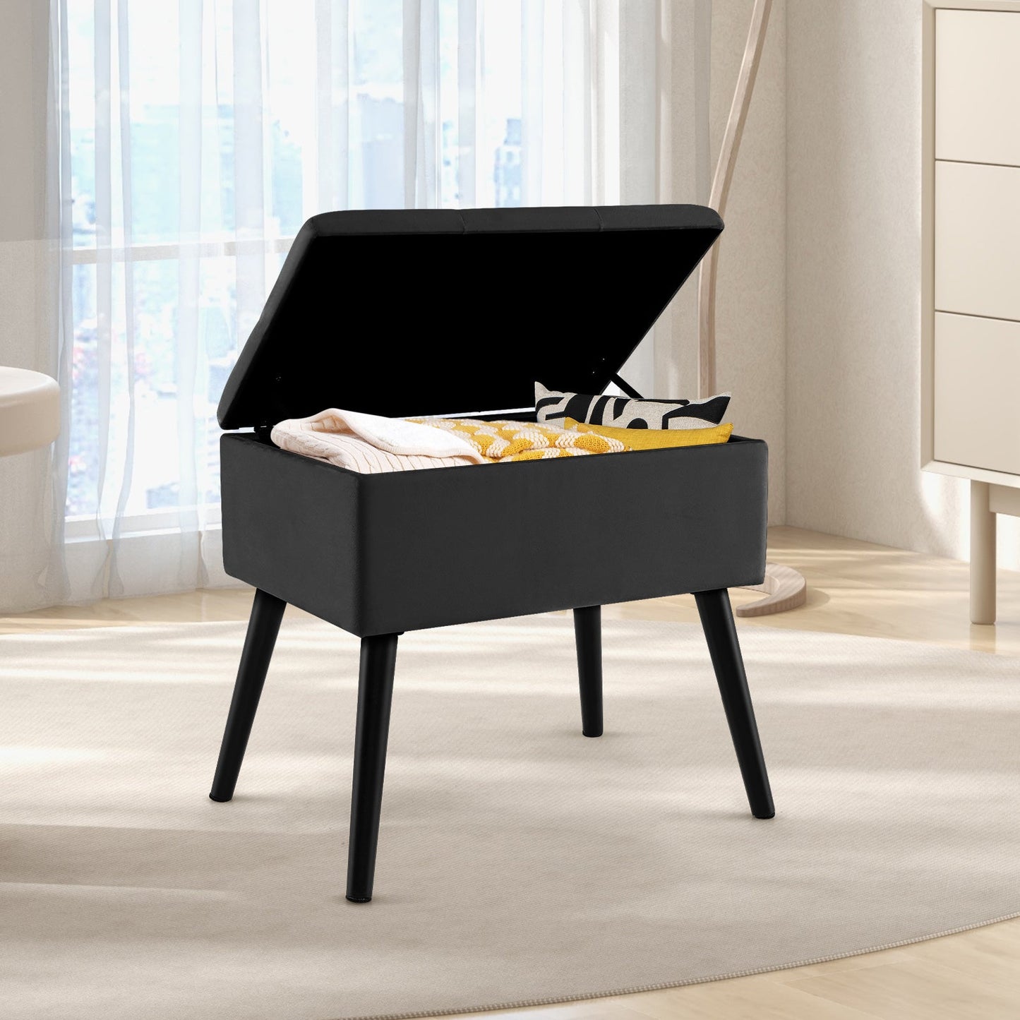 Velvet Storage Ottoman with Solid Wood Legs for Living Room Bedroom