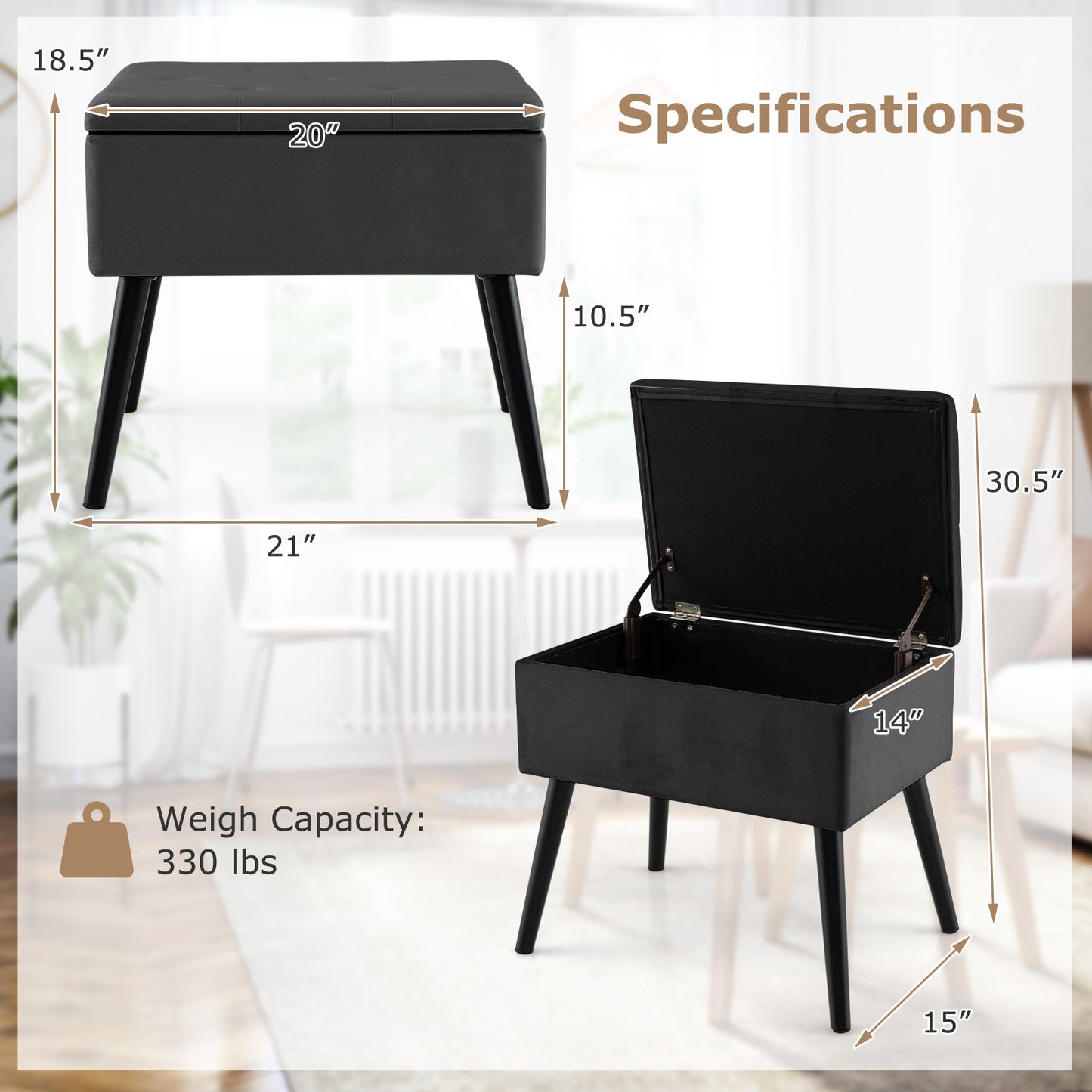 Velvet Storage Ottoman with Solid Wood Legs for Living Room Bedroom