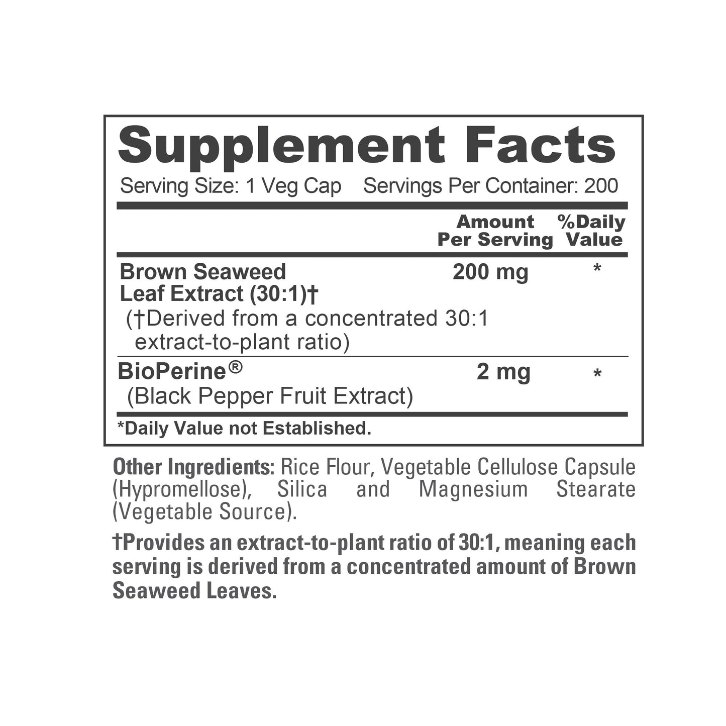 NusaPure Brown Seaweed 30:1 Extract, 200 mg 200 Veggie Capsules - (Vegan, Non-GMO Bioperine)