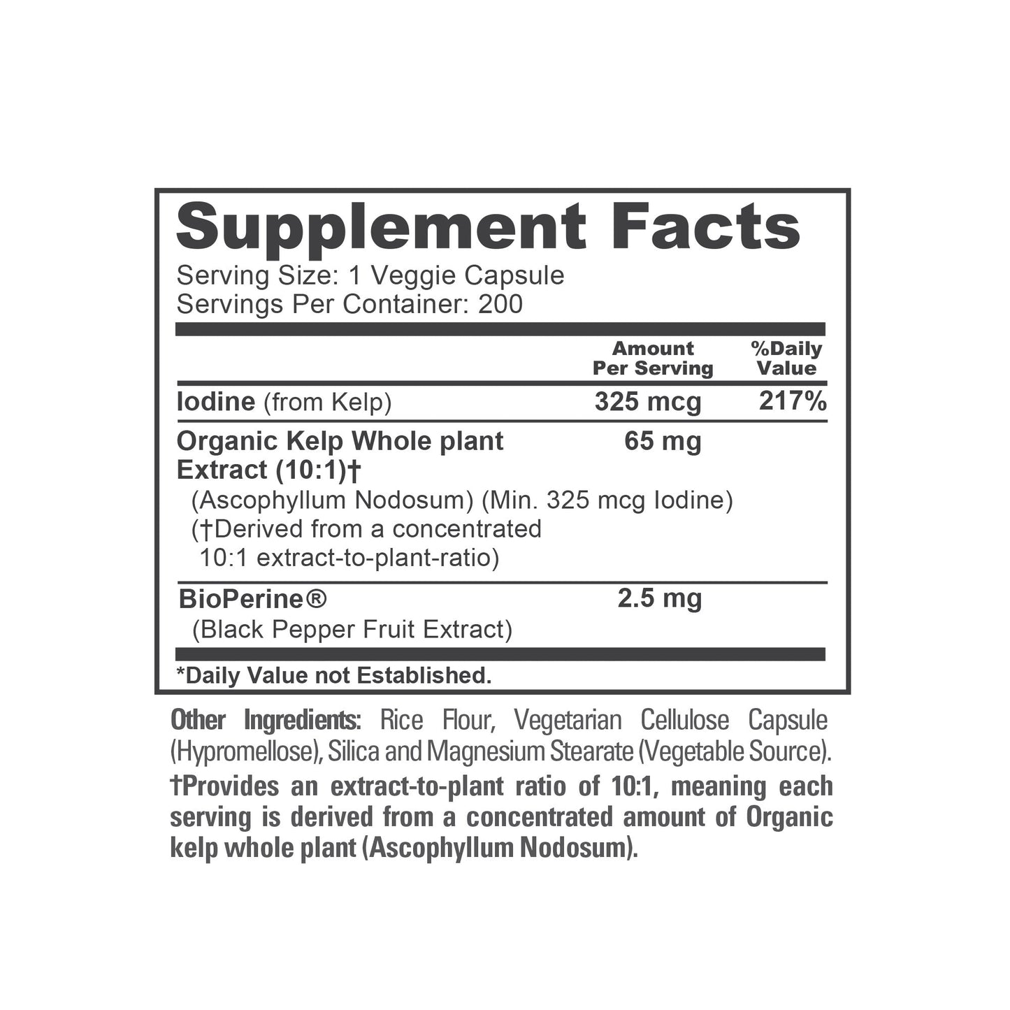 NusaPure Sea Kelp Natural Iodine 325mcg 10:1 Extract, 65 mg Capsule 200 Count (Non-GMO, Vegan)