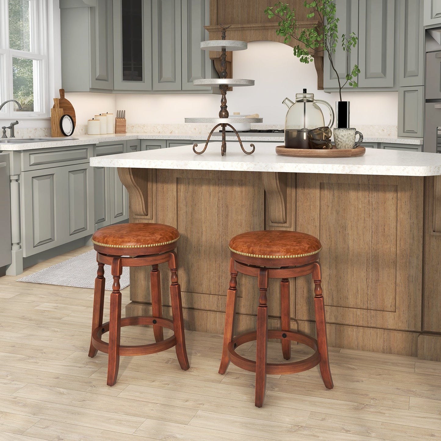 29 Inch Swivel Bar Stool Set of 2 with Upholstered Seat and Rubber Wood Frame-29 inches