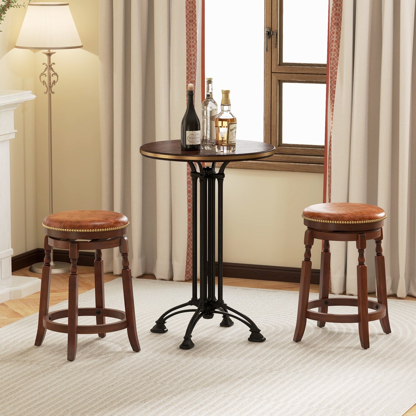 29 Inch Swivel Bar Stool Set of 2 with Upholstered Seat and Rubber Wood Frame-29 inches