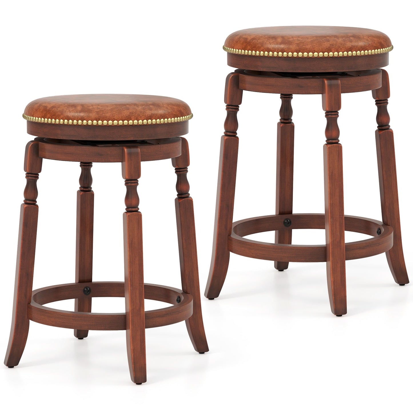 29 Inch Swivel Bar Stool Set of 2 with Upholstered Seat and Rubber Wood Frame-29 inches