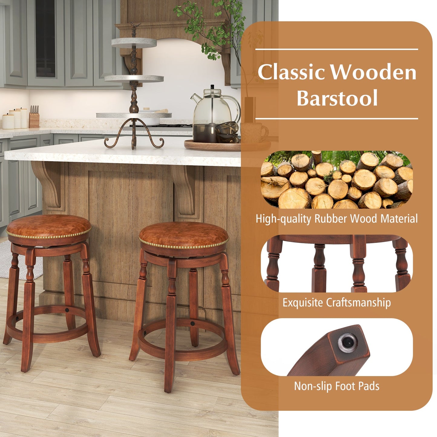 29 Inch Swivel Bar Stool Set of 2 with Upholstered Seat and Rubber Wood Frame-29 inches