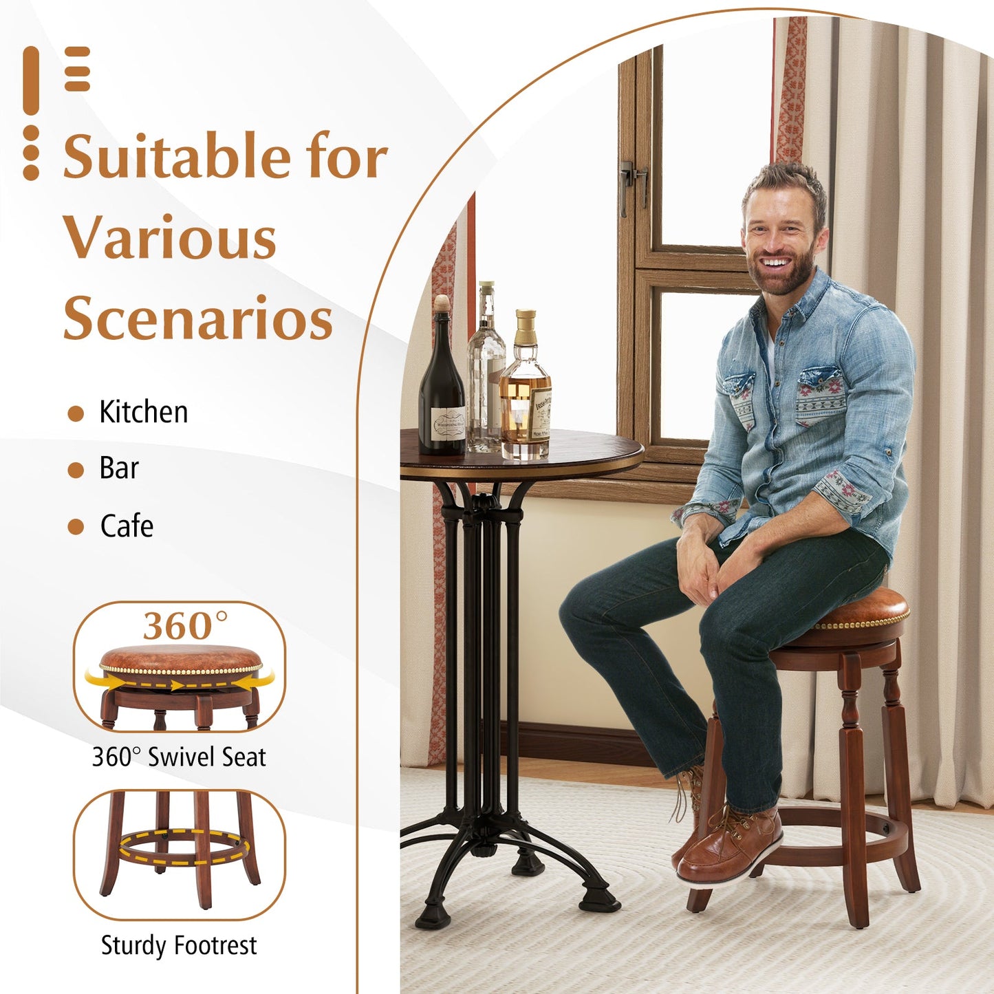 29 Inch Swivel Bar Stool Set of 2 with Upholstered Seat and Rubber Wood Frame-29 inches