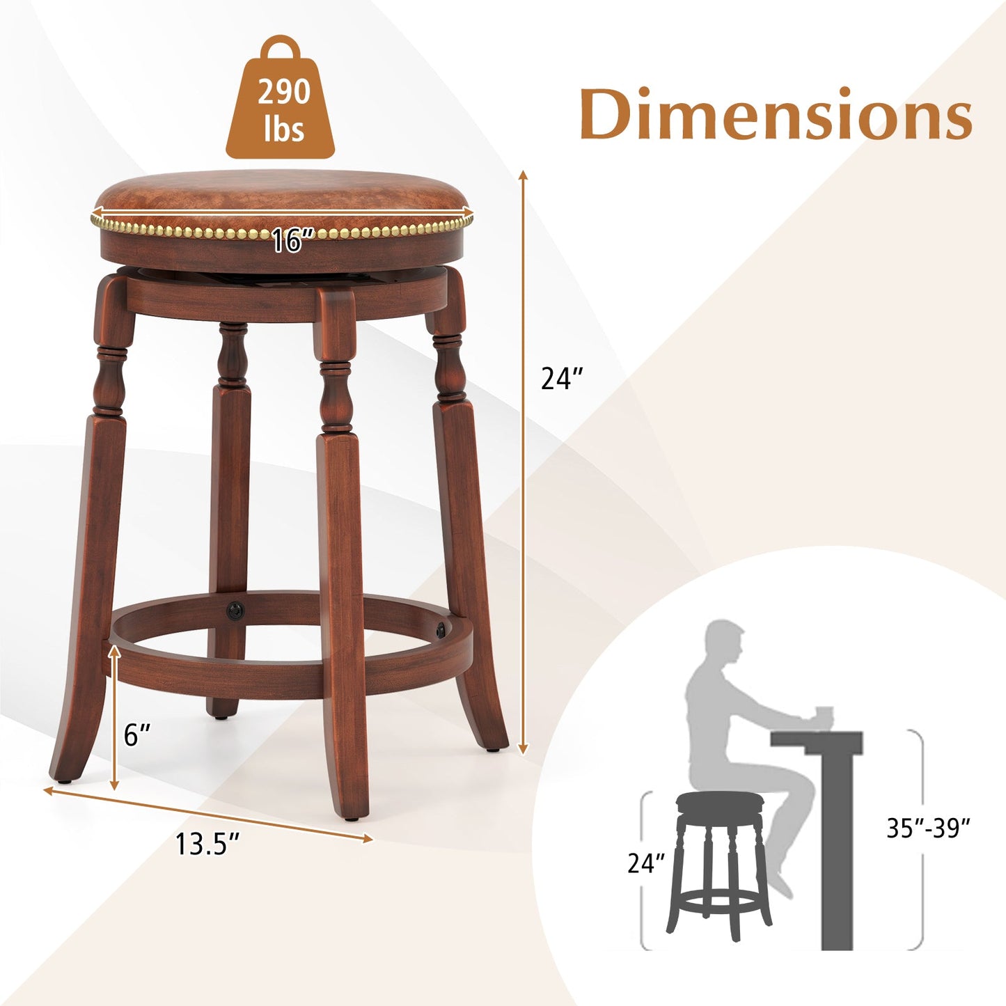 29 Inch Swivel Bar Stool Set of 2 with Upholstered Seat and Rubber Wood Frame-29 inches