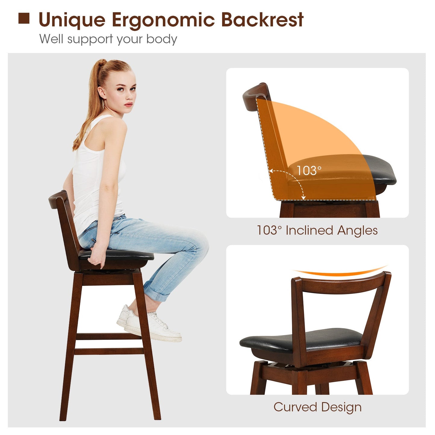 Swivel Upholstered PU Leather Stool with Backrest and Cushioned Seat