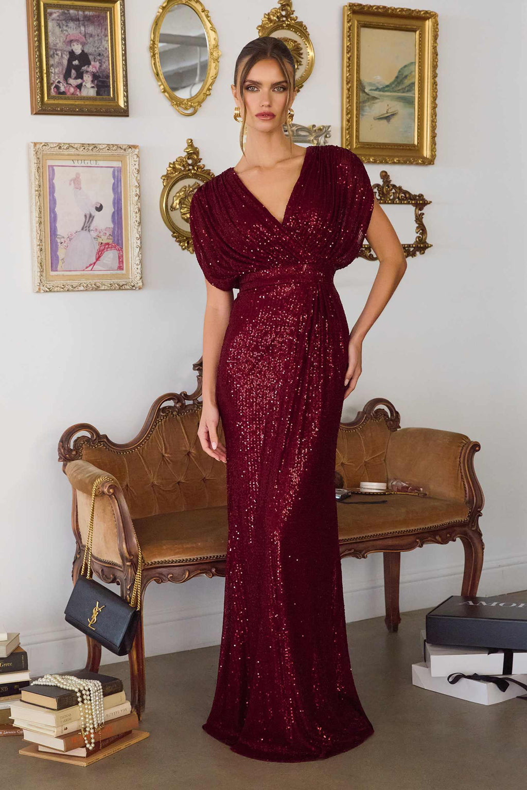 Amoris T101 Greek Style Long Sequin V-Neckline Gown